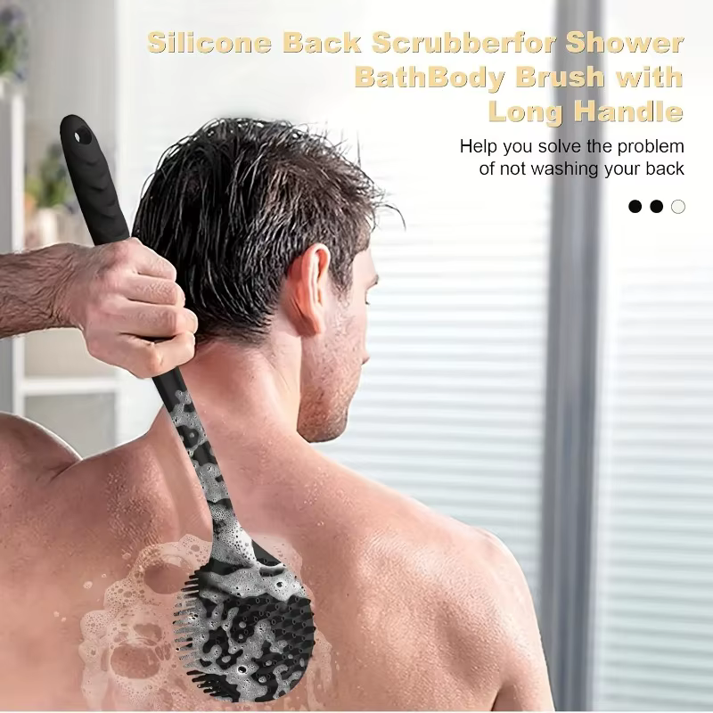 Brosse de douche exfoliante en silicone souple avec poignée pour le dos