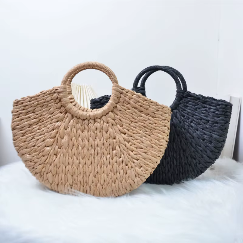 Sac à main coloré pour femme en rotin et paille tressée, sac demi-lune grande capacité, sac de voyage décontracté pour femme, sacs à la mode