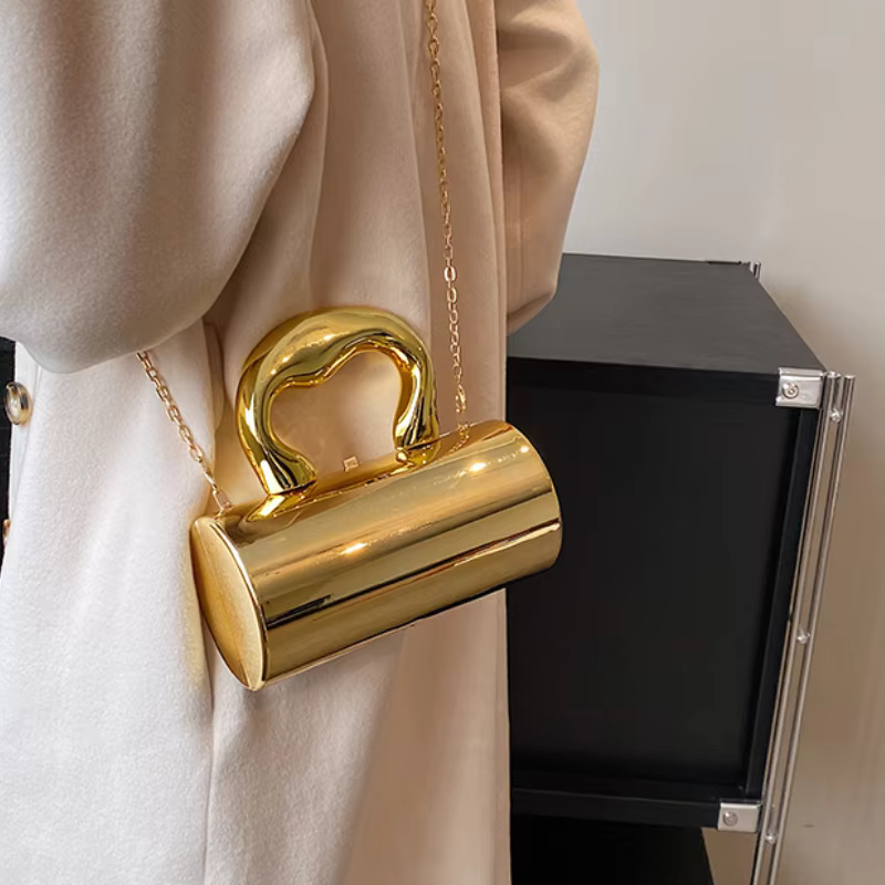 Sac à main pour femmes, pochettes de fête, cylindre de mode, Mini sac à main de soirée, sac à bandoulière, boîte en or, 2026