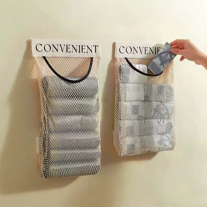 Sac de rangement mural en maille, support de sac poubelle, distributeur de sacs de courses en plastique, sac d'articles divers, filet de rangement, organisateur de sacs d'épicerie