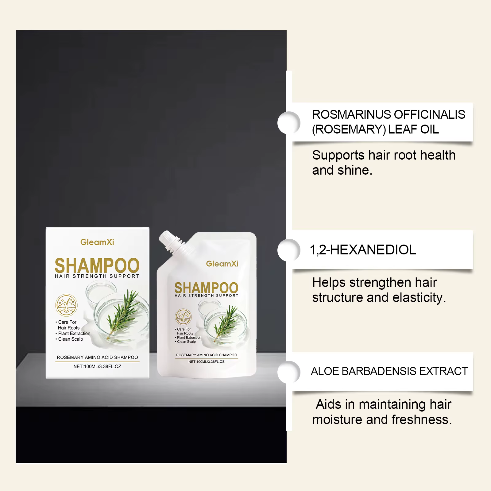 Shampoo à la Rosmarine Acide Aminé Volumisant pour Cheveux Gras Soin du Cuir Chevelu Épaississant Contrôle des Frisottis Brillance Hydratant Gratuit Hommes Femmes