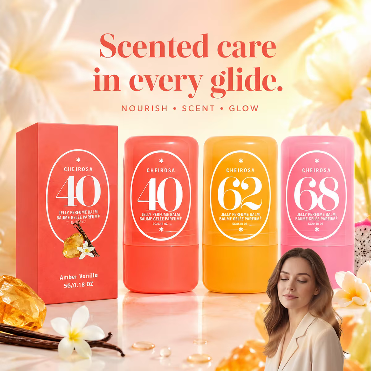 Baume Parfumé Solide Jelly 3 Senteurs 40 Ambre Vanille 62 Amande Caramel 68 Litchi Fruité Longue Durée Portable