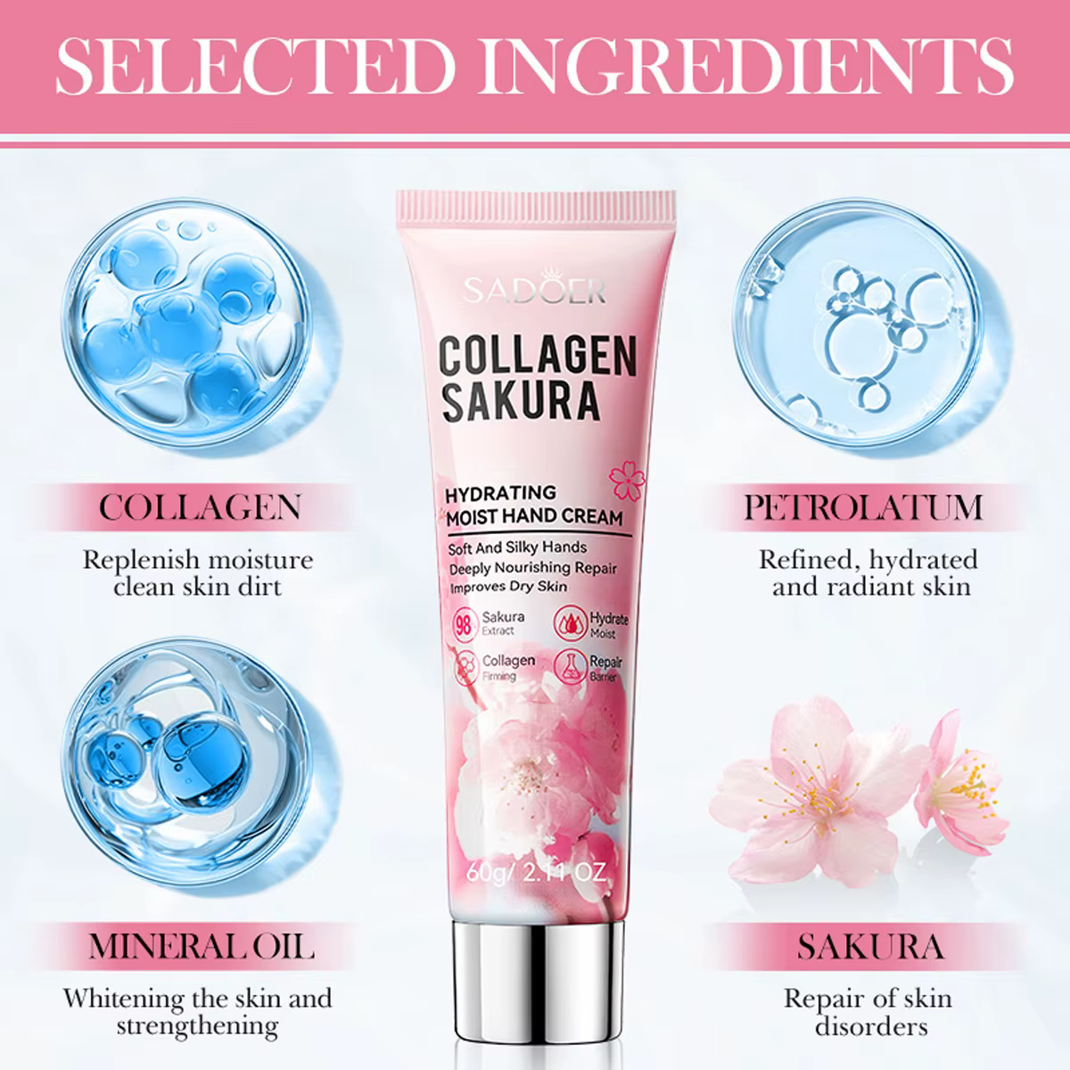 Crème hydratante pour les mains lisse au collagène fleur de cerisier pour l'automne et l'hiver