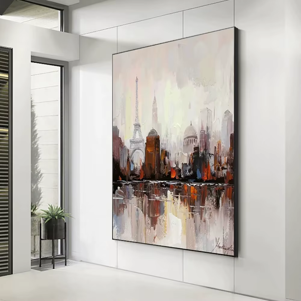 Peinture à l'huile abstraite de bâtiment sur toile, art mural peint à la main, peinture de paysage pour le décor de salon, peinture murale 3D de Bergame