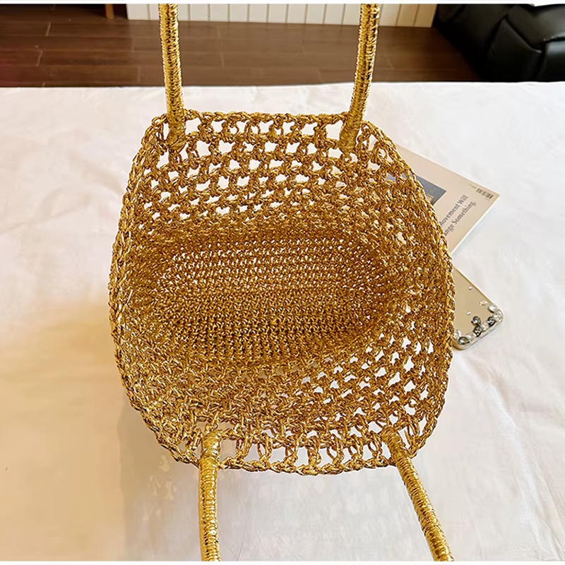 Sac cabas doré tressé à l'épaule, sac fourre-tout décontracté chic pour femme, idéal pour la plage, les vacances et les trajets quotidiens, sac à main coréen type seau
