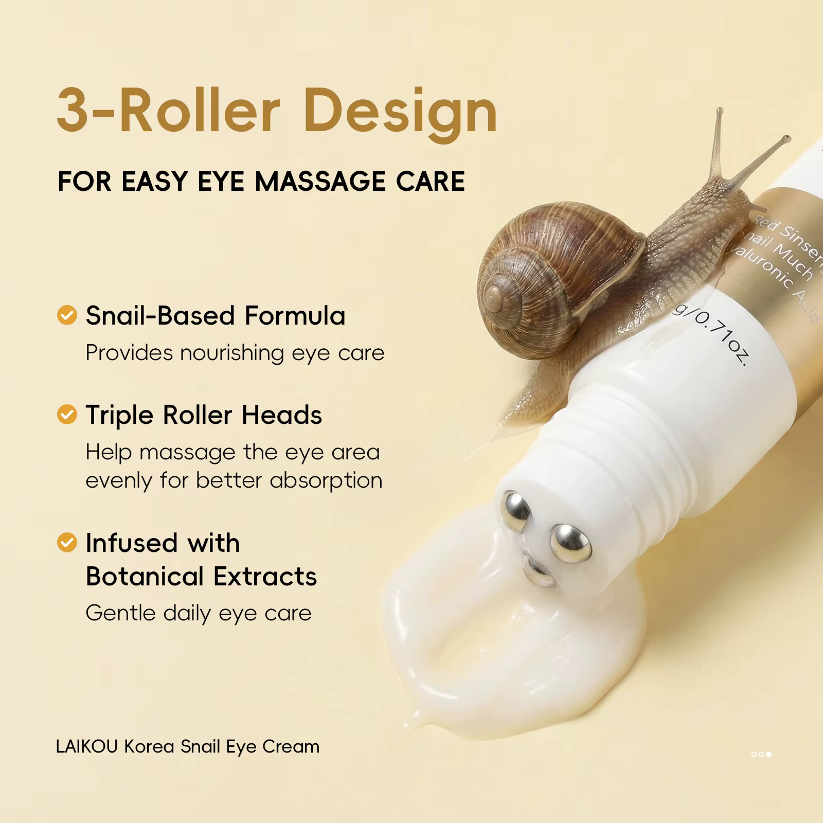 Crème pour les yeux à l'escargot LAIKOU Corée 20g Triple applicateur Hydratation intense Absorption facile Massage