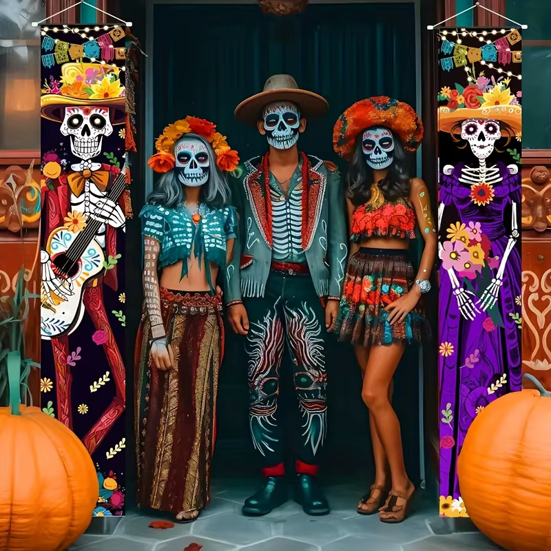 Ensemble de décorations de porte d'Halloween 2D, décoration de crâne suspendue, thème d'horreur festif, fête mexicaine du Jour des Morts