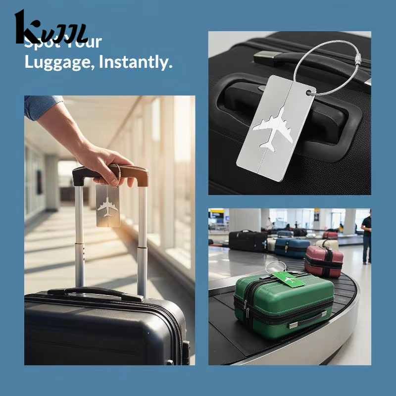 Étiquette de bagage en alliage d'aluminium pour avion, anti-perte, avec porte-carte d'identité, couleur unie, accessoires de voyage