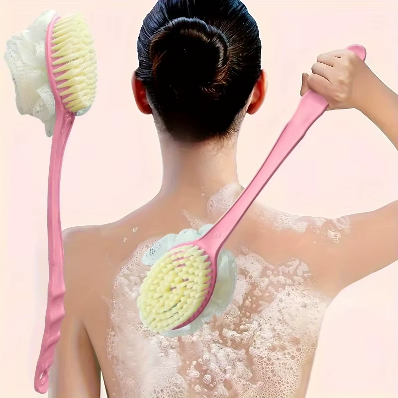 Brosse de douche double face à poils doux et manche long pour le frottement du dos