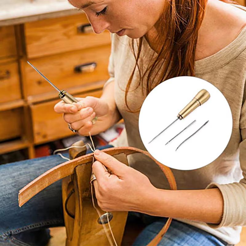 Kit de couture en cuir complet avec manche en cuivre, fil en nylon, outils de couture manuels polyvalents pour articles en cuir, réparation de vêtements, bricolage
