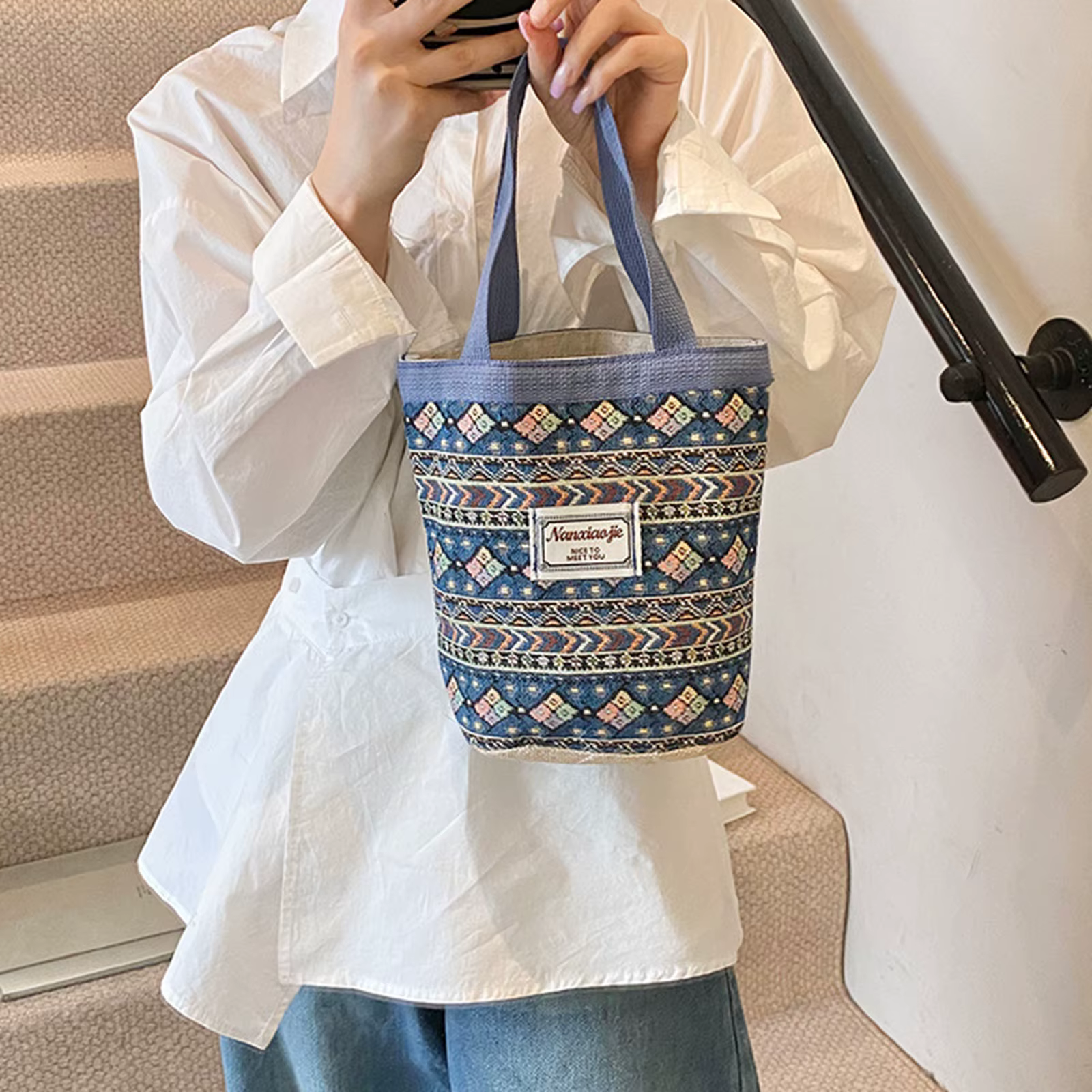 Sac fourre-tout tissé à la main avec doublure, grande capacité, style panier portable, pour le travail, l'école, les pique-niques, pour femmes