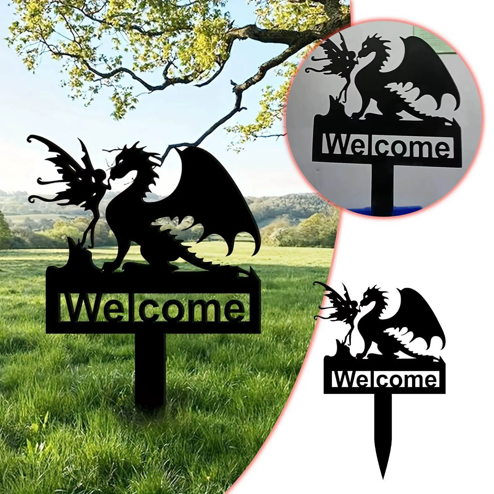 Logo de bienvenue de jardin de dinosaure d'elfe, logo de jardin de dinosaure en métal, décoration d'horticulture de pelouse