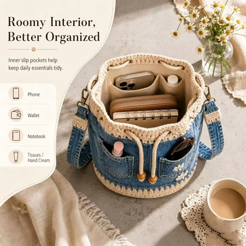 Sac seau en jean au crochet, sac fourre-tout à fleurs au crochet fait main, sac bandoulière à cordon, sac à main tricoté à motifs floraux, sac à bandoulière pour femme pour les vacances
