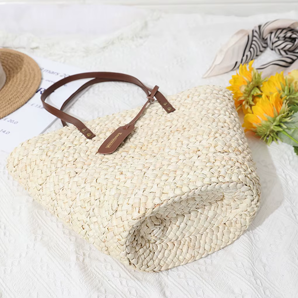 Sac à Main Confortable en Cuir Souple et Paille, Pratique, de Grande Capacité, Comme Montré