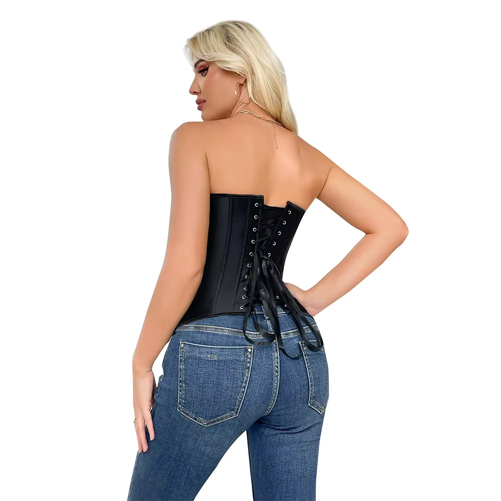 Corset Overbust Sexy pour Femme en Satin Noir avec Lacets et Fermeture Éclair, Corsetto Shaper Gothique, Bustier Amincissant