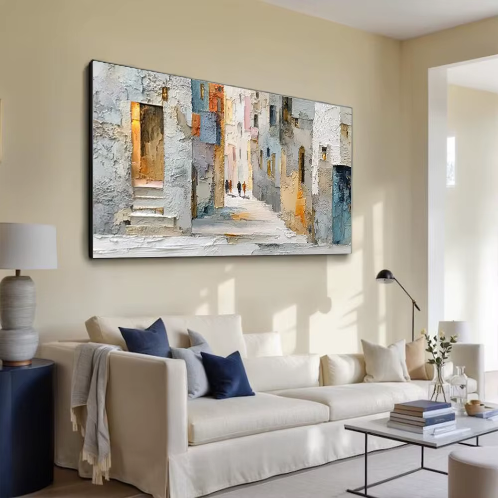 Peinture à l'huile abstraite 100% faite à la main sur toile, image de paysage du vieux quartier, art mural, décoration murale pour salon
