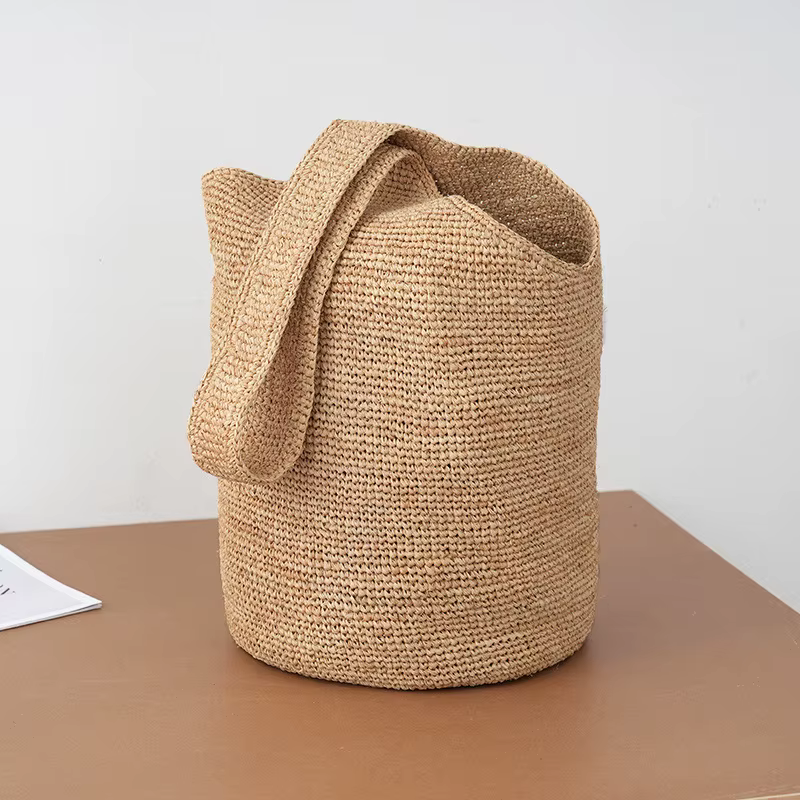 Sac seau en paille tressé à la main pour femme, style bohème, grande capacité, sac à bandoulière, sac de plage d'été, sac à main décontracté pour les trajets quotidiens