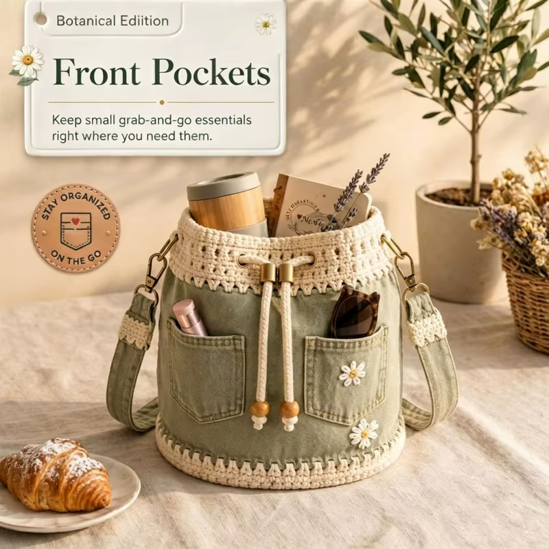 Sac seau en jean au crochet, sac fourre-tout à fleurs au crochet fait main, sac bandoulière à cordon, sac à main tricoté à motifs floraux, sac à bandoulière pour femme pour les vacances