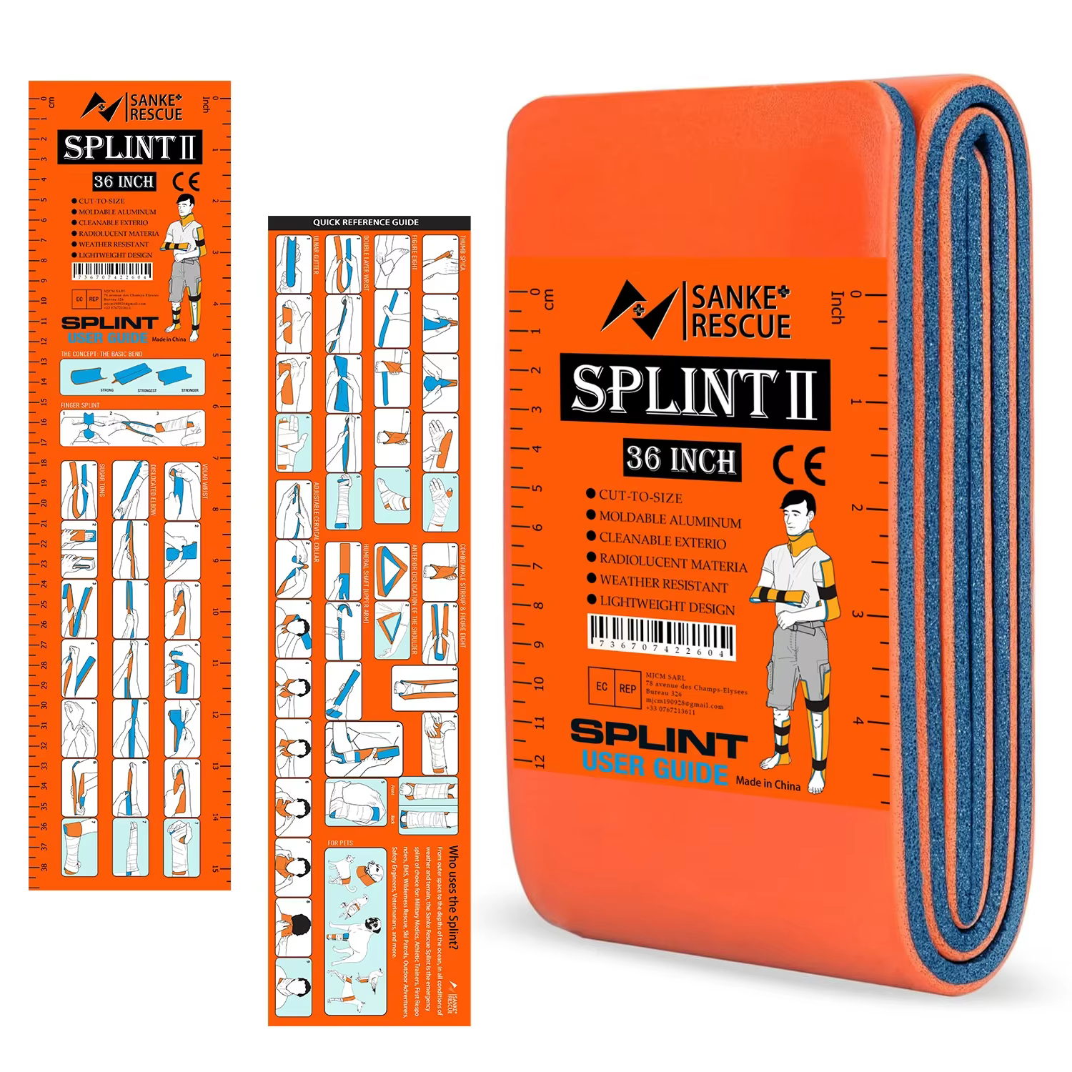Attelle de premiers secours 18-36" x 4.3" Vert-Gris Orange-Bleu – Maintient les os en position