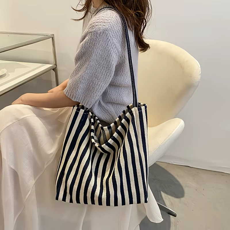 Sac fourre-tout chic en toile rayée, grande capacité, polyvalent, portable, léger, sac à bandoulière pour l'école, le travail, les voyages, pour femmes