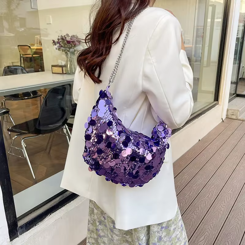 Sac à Main Demi-Lune Hobos à Paillettes pour Femme, Pochette de Soirée à la Mode