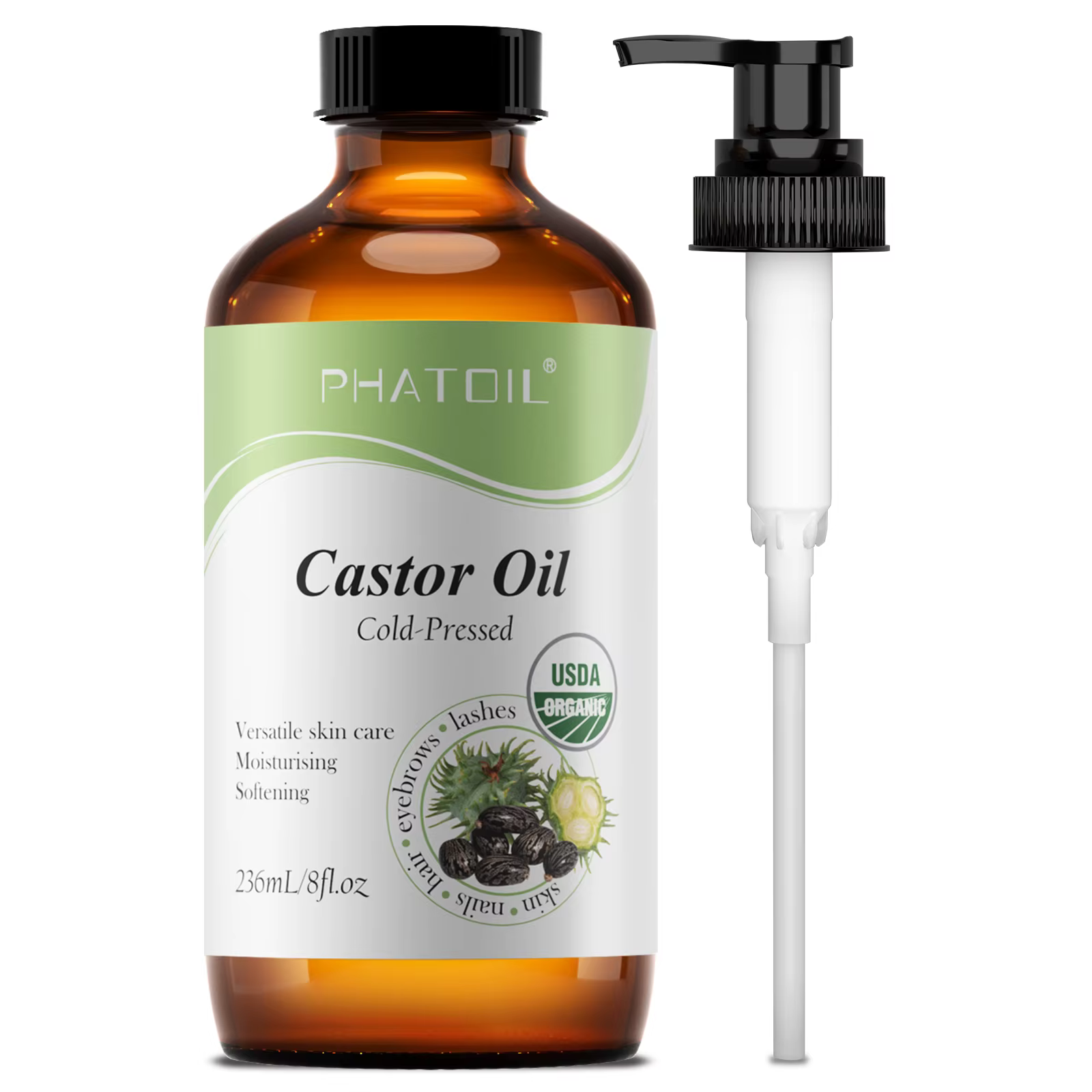 PHATOIL Huile de ricin biologique pressée à froid 118 ml/236 ml 100% naturelle Huiles