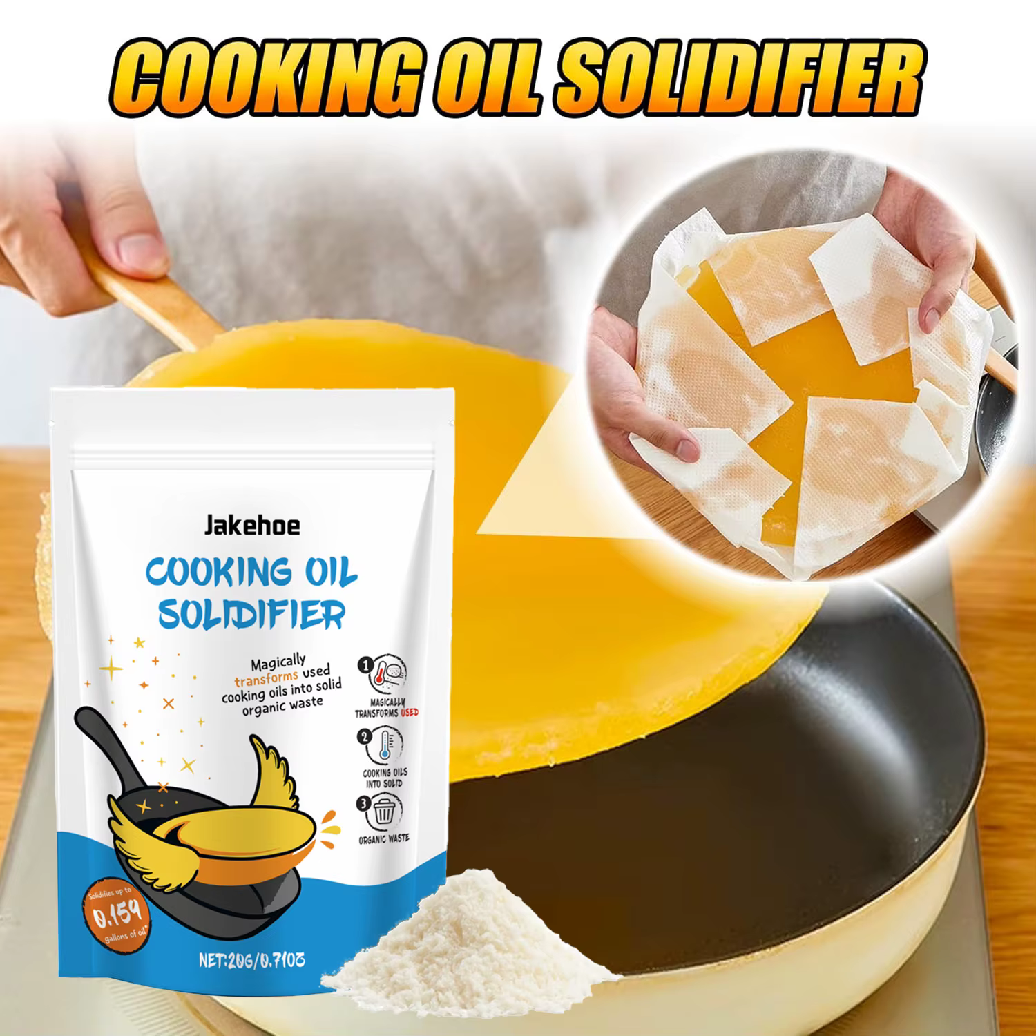 Poudre coagulante pour huile de cuisson à base de plantes naturelles, assèche jusqu'à 2,25 gallons d'huile de friture, coagulant de graisse écologique pour la cuisine