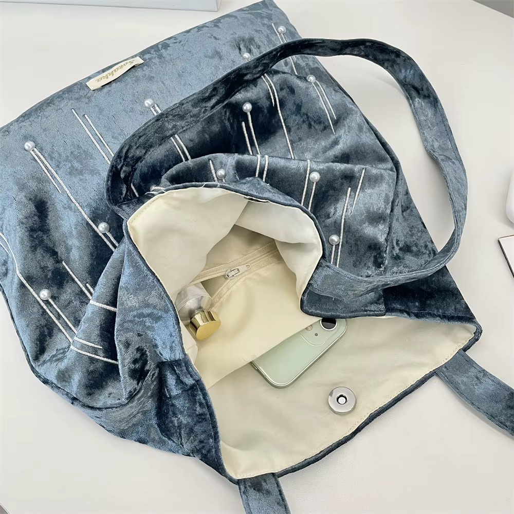 Grand sac fourre-tout en velours pour filles, grand sac à bandoulière réutilisable pour femmes et filles, sacs de beauté pour livres de Shopping, usage quotidien