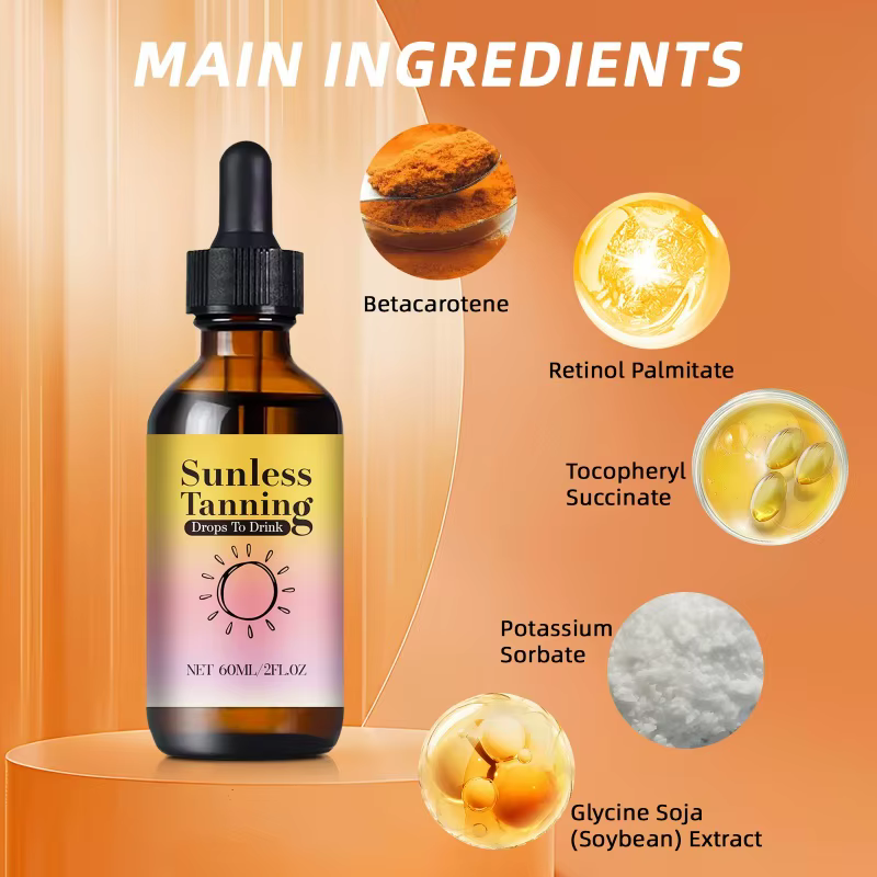 Gouttes autobronzantes 60 ml - Formule vitaminée à la bêta-carotène pour un éclat naturel sans exposition aux UV.