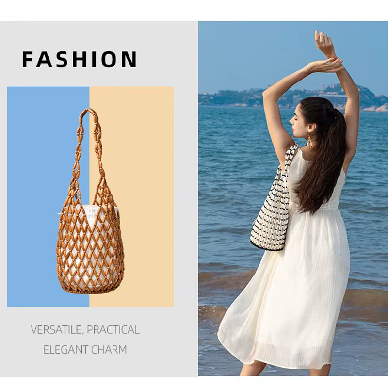 Sac à main tissé pour femmes, Design exquis, fourre-tout en perles de bois ajourées, sac seau à bandoulière, sac à main perlé fait à la main