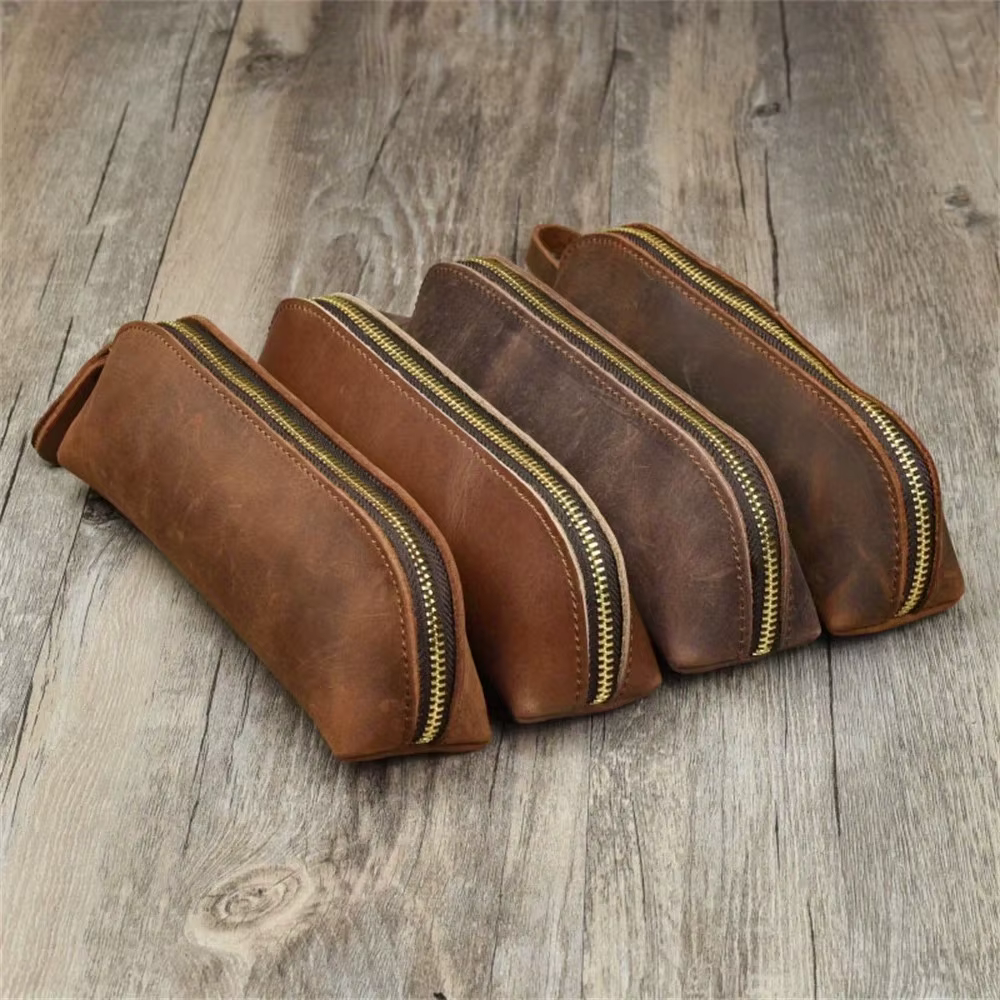 Sac à crayons en cuir Vintage, trousse de papeterie Simple, sac de rangement, pochette à crayons à fermeture éclair, boîte à lunettes, fournitures scolaires