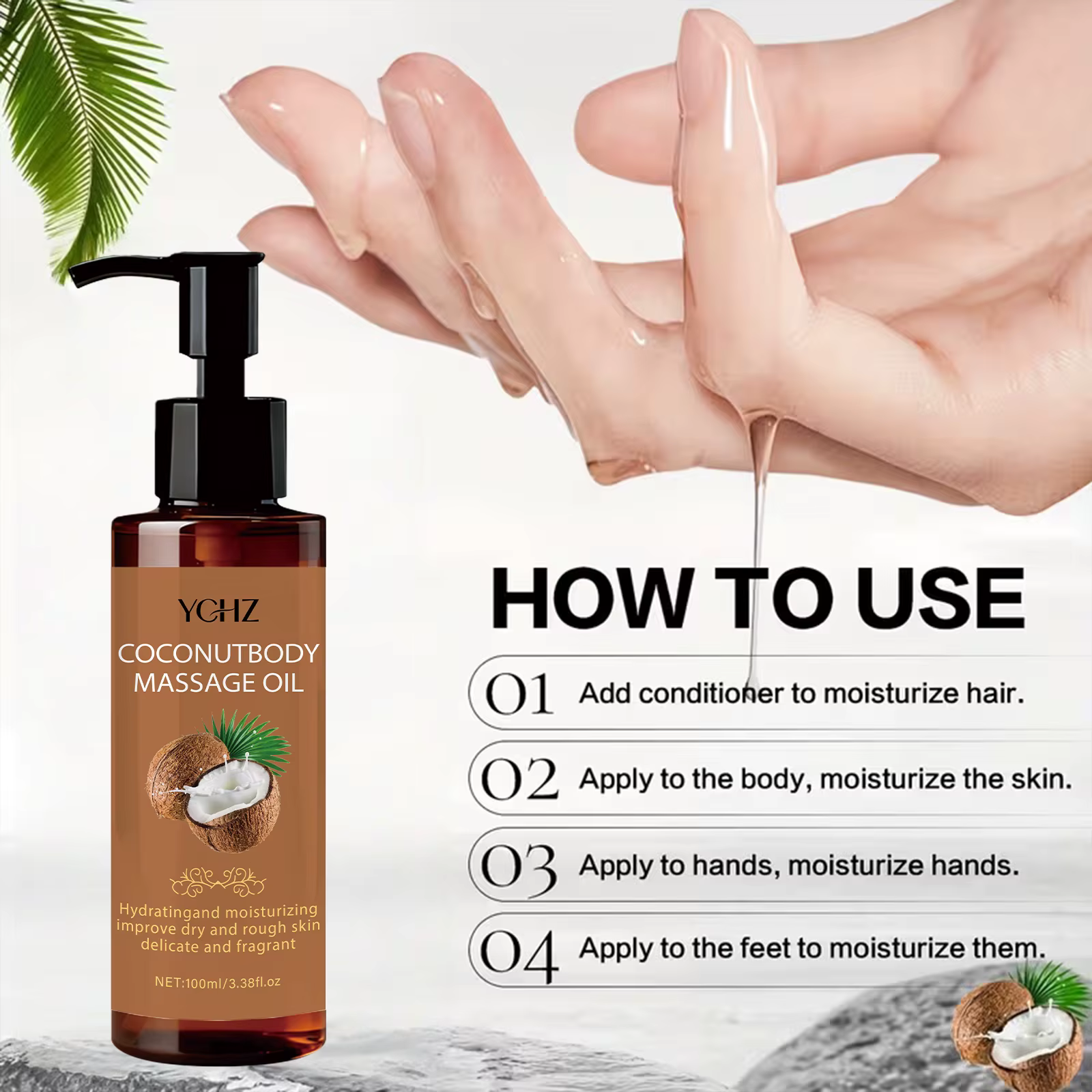 Huile de massage hydratante à la noix de coco - Hydratante et nourrissante