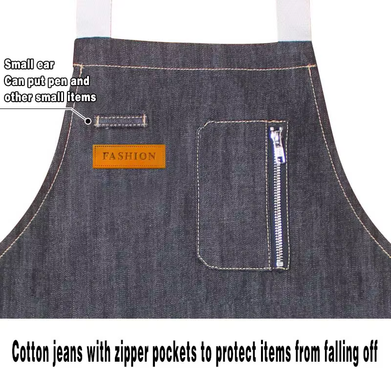 Tablier de chef en denim avec poche zippée, logo personnalisé, cuisine, restaurant, peinture, è, magasin de thé au lait, cou suspendu, travail