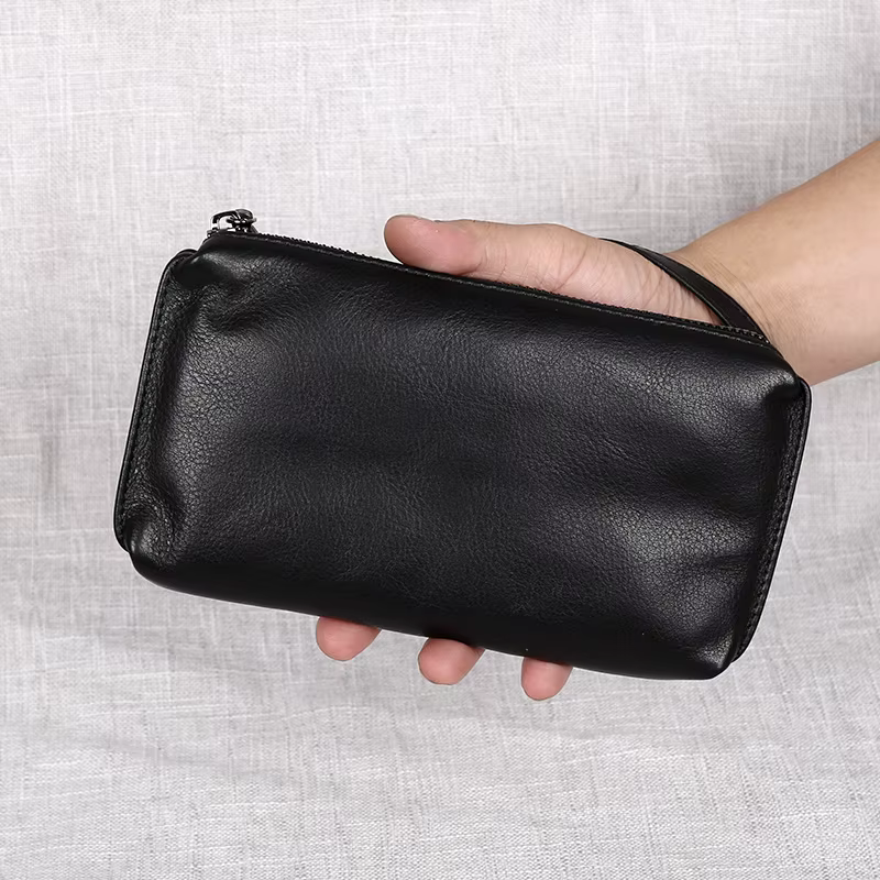 Sac à main en cuir véritable pour hommes, en cuir souple, rétro décontracté, première couche en peau de vache, Long portefeuille avec fermeture éclair de grande capacité, sac pour téléphone