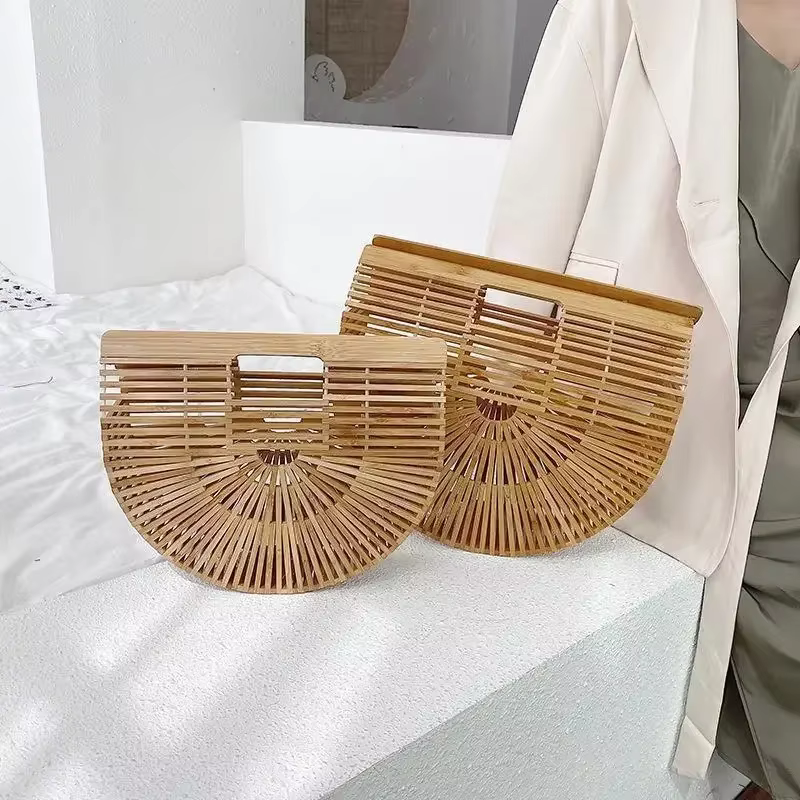 Panier en bambou fait à la main pour femmes, sac à main demi-rond de voyage de plage en plein air, sacs à poignée supérieure de styliste, sac rétro tressé en bambou