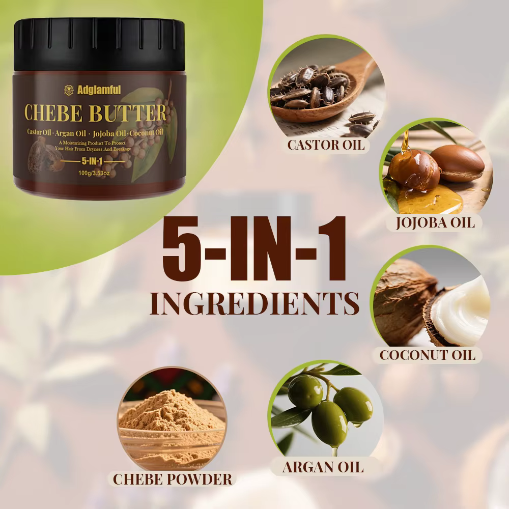 Huile de Ricin 5-en-1 et Beurre de Chebe – Soin Professionnel pour Cheveux Forts et Anti-Casse – Hydratation Profonde