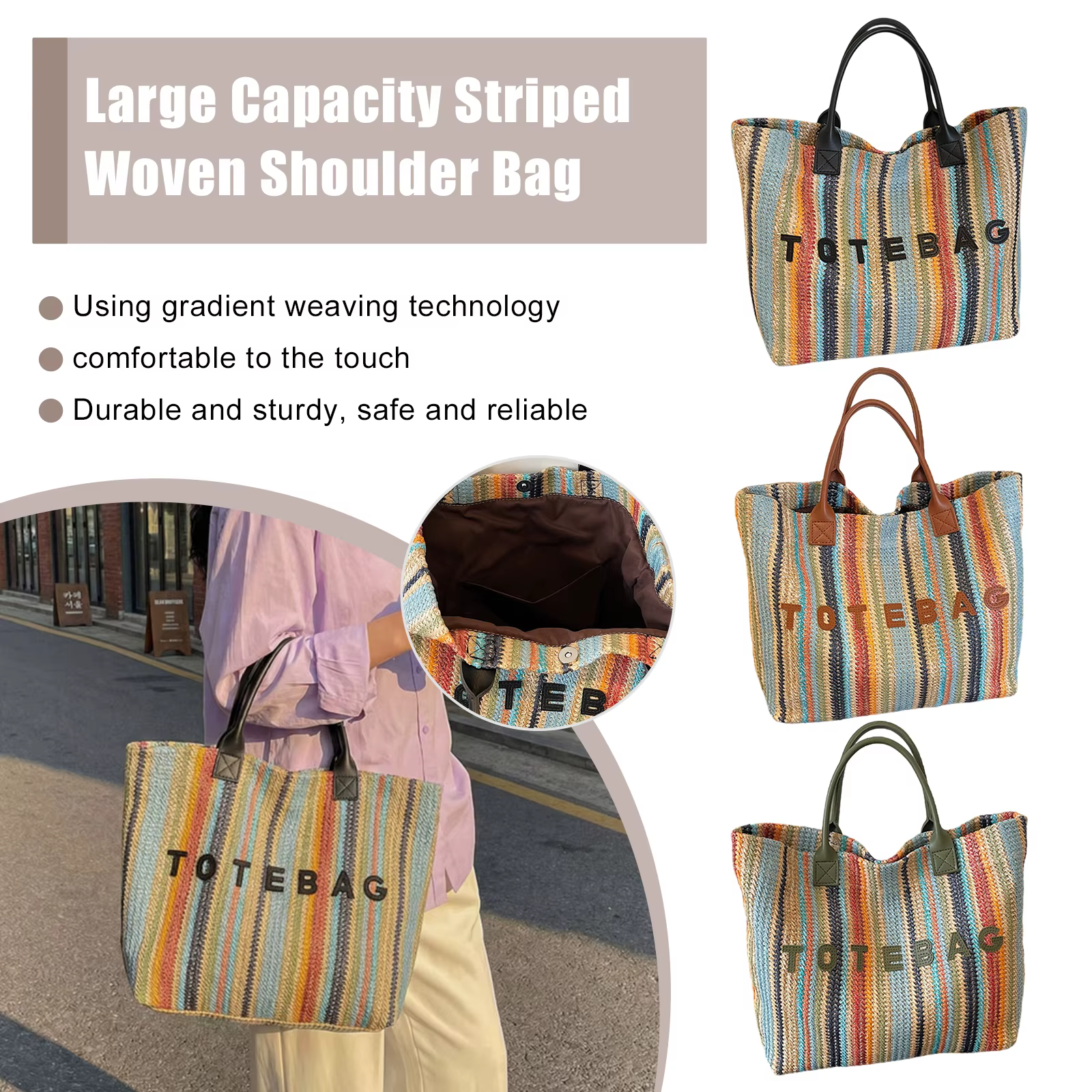 Sac fourre-tout pour femme avec poignée supérieure, sac à main à rayures colorées, sac à bandoulière portable pour les voyages, le shopping, le travail et l'usage quotidien