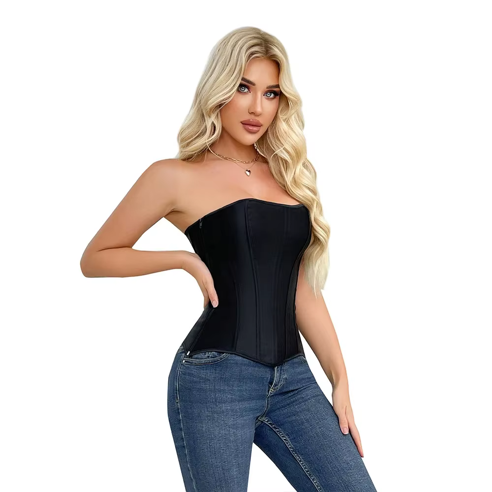 Corset Overbust Sexy pour Femme en Satin Noir avec Lacets et Fermeture Éclair, Corsetto Shaper Gothique, Bustier Amincissant