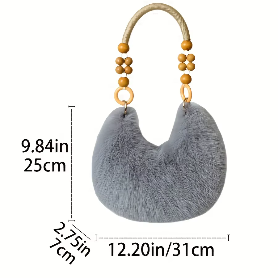 Faux sac à main pour femme, sac fourre-tout en peluche avec sangle accentuée de perles, sacs à main élégants à fermeture éclair, sacs à bandoulière pour tous les jours
