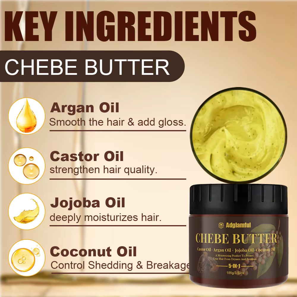 Huile de Ricin 5-en-1 et Beurre de Chebe – Soin Professionnel pour Cheveux Forts et Anti-Casse – Hydratation Profonde