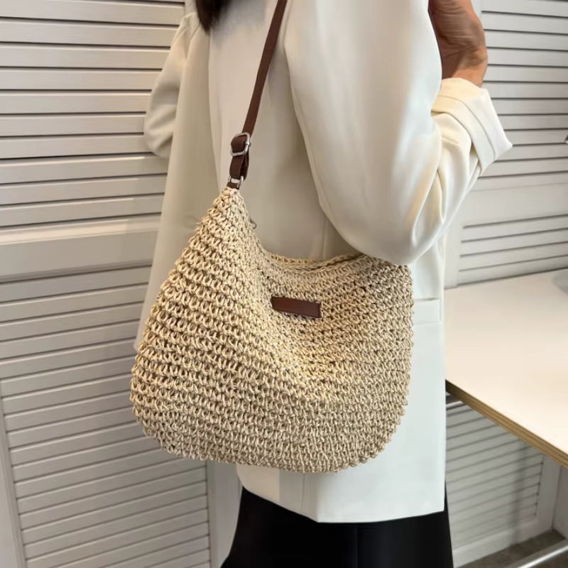 Sacs à main et sacs à main tricotés en paille pour femmes, sac à bandoulière tissé en paille, sac latéral pour dames, sac de plage, sacs à bandoulière pour femmes