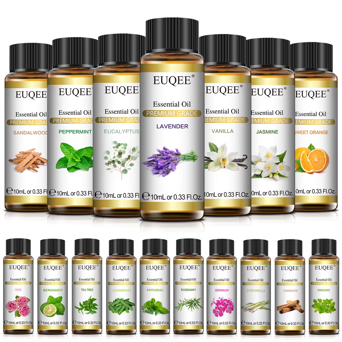EUQEE 10ml Huile Essentielle Naturelle Pure Lavande Jasmin Eucalyptus Vanille Bois de Sandal Orange Citron Oregano Rose
