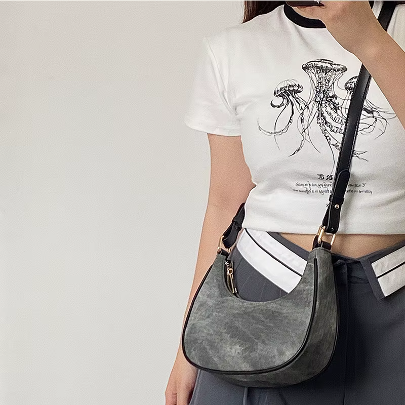 Sac à main en cuir PU gris pour femme, sacs sous les bras demi-lune décontractés, sac hobos initié, sac à bandoulière tout match, sac à main pour femme