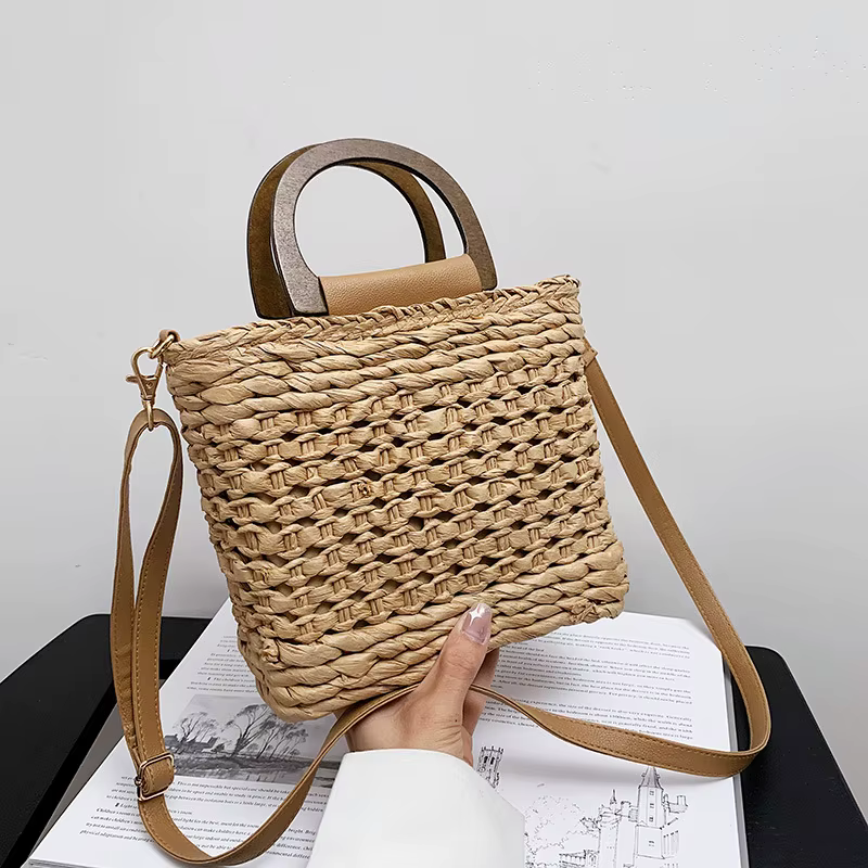Sac à main en rotin tissé pour femmes, panier en paille, poignée en bois initiée, sacs à bandoulière décontractés de styliste, sac de voyage d'été, sacs de plage féminins