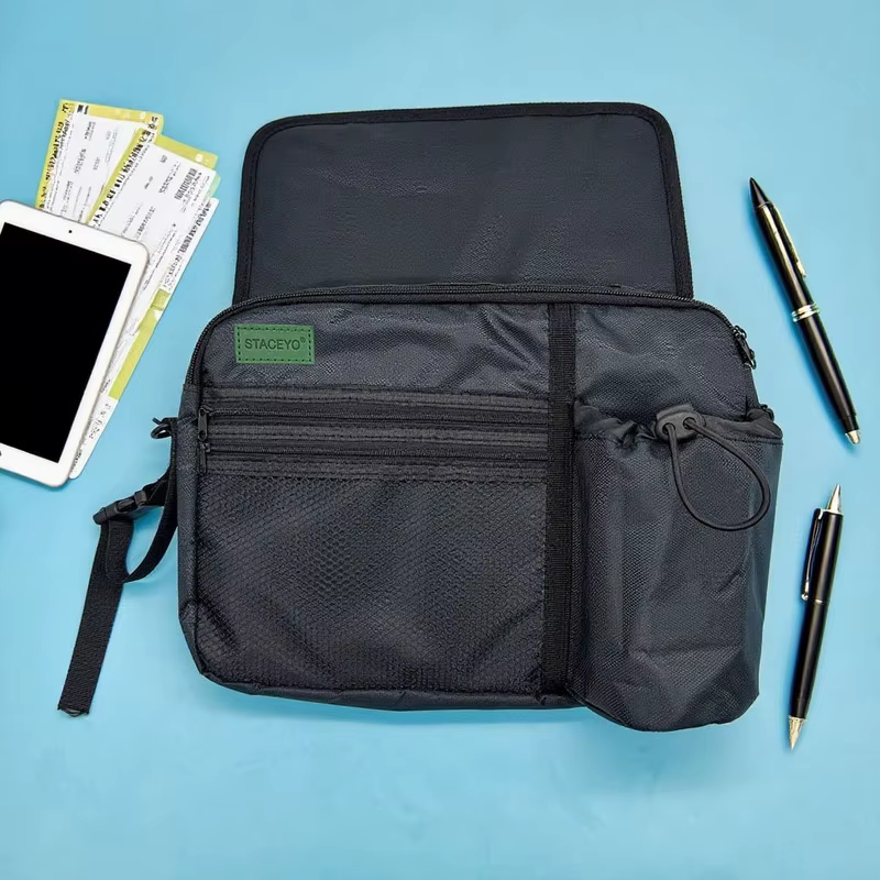 Sac de rangement suspendu pour avion noir, pochette de collation pour téléphone de voyage avec bandoulière, organisateur de siège de vol, 1 paquet