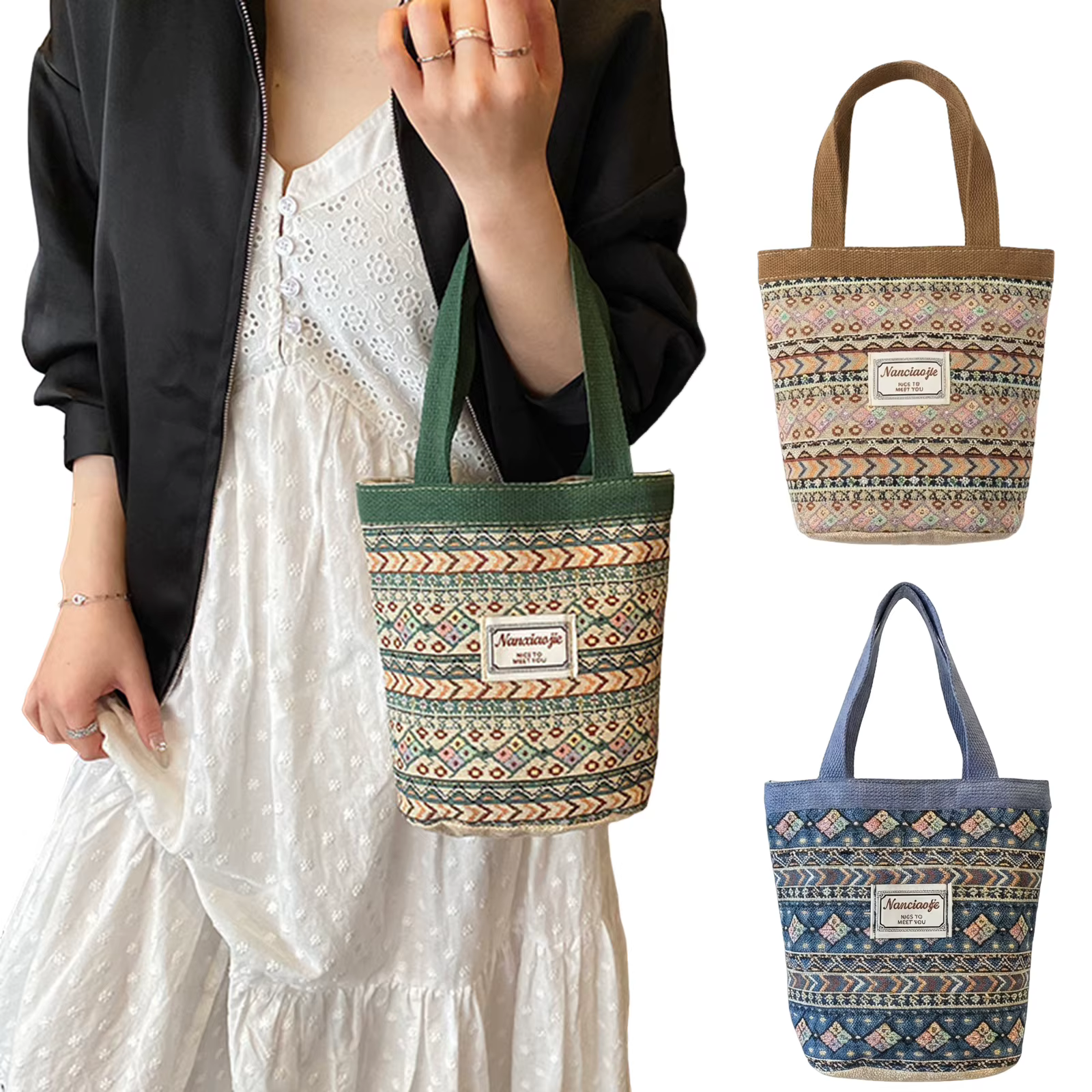 Sac fourre-tout tissé à la main avec doublure, grande capacité, style panier portable, pour le travail, l'école, les pique-niques, pour femmes