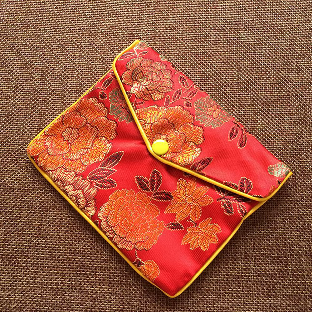 Sac à bijoux en brocart chinois brodé de soie, fait main, avec fermeture à bouton-pression, pour rangement de bijoux, colliers et portefeuilles