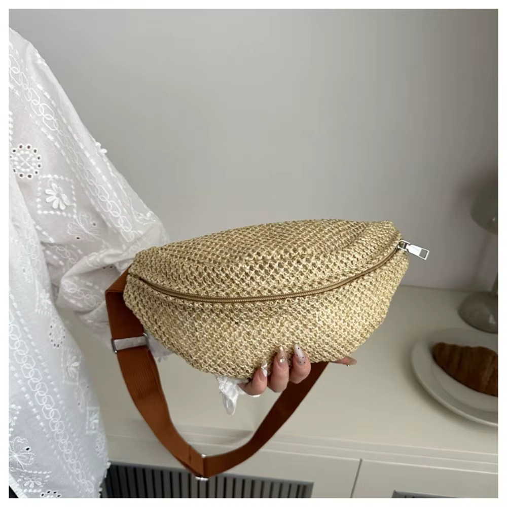 Sac demi-lune en paille tressée, pochette pour téléphone, sac à main tressé antivol, grande capacité, portable, réglable, pochette de sport pour la randonnée