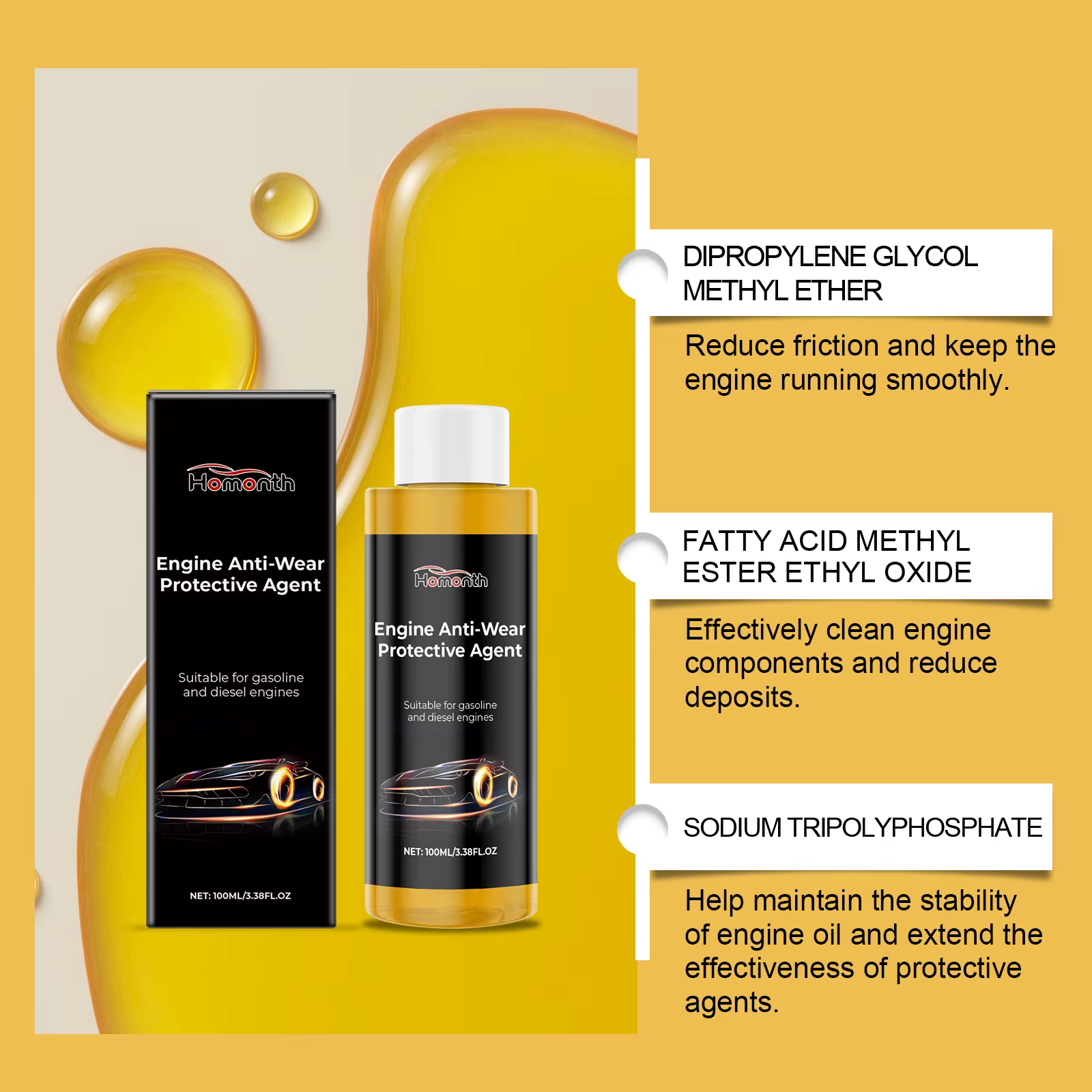 L'additif de Protection Anti-usure du moteur réduit la réduction du bruit de la friction, l'agent brûlant d'huile fort améliore l'efficacité du moteur
