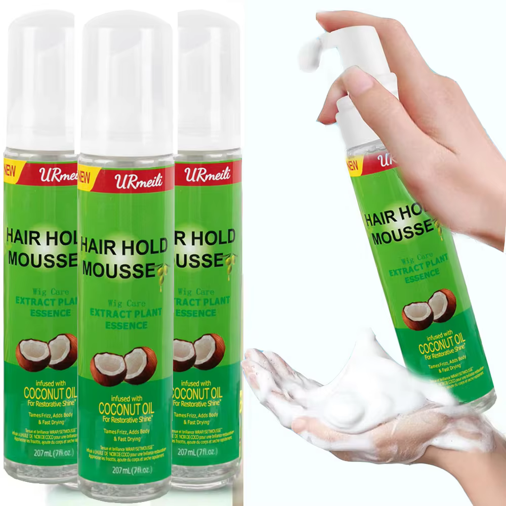 Mousse pour cheveux bouclés (207ml) pour perruques, huile d'olive à forte tenue, Mousse coiffante Anti-frisottis pour coiffer les cheveux des femmes